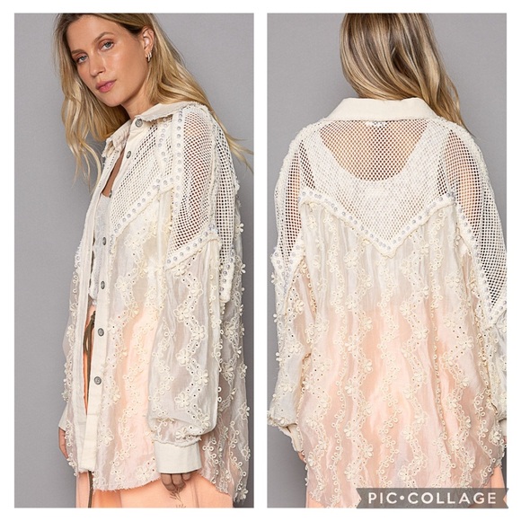 Porter Collective Cream Lace & Pearl Oversized Balloon Sleeve Shirt Size M - Picture 3 of 15